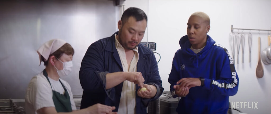 David Chang and Lena Waithe at Chikara Mochi in Gardena (Photo Credit: Netflix)